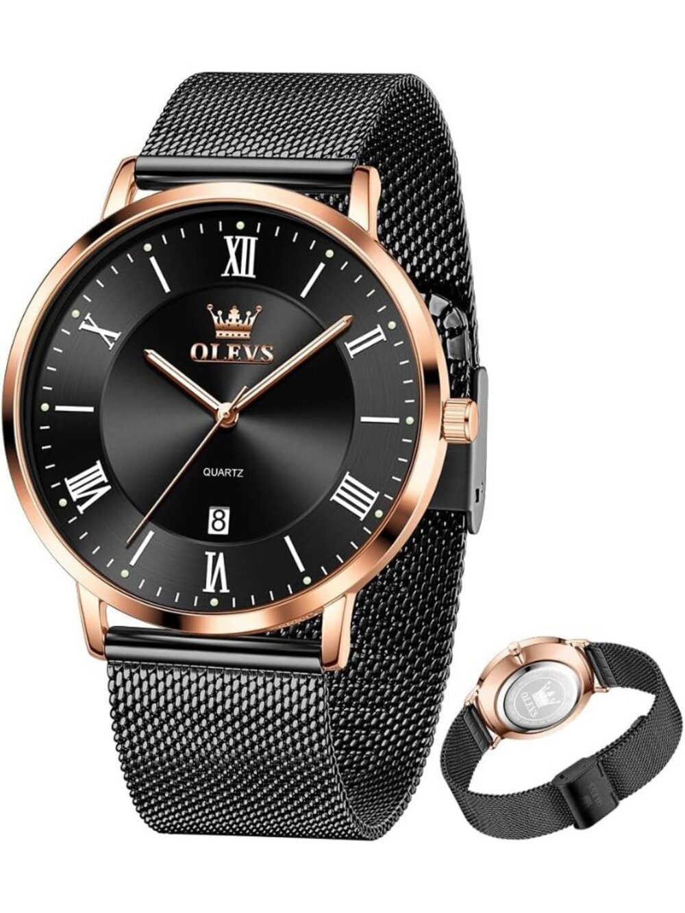 Men's Rose Gold Black Analog Quartz Mesh Strap Luxury Luminous Waterproof Watch